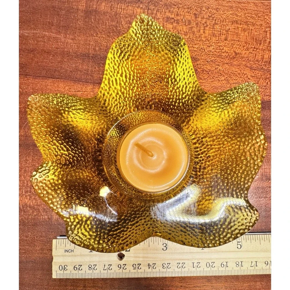 Amber Glass Leaf‎ Candle Holder MCM Style Textured Decor